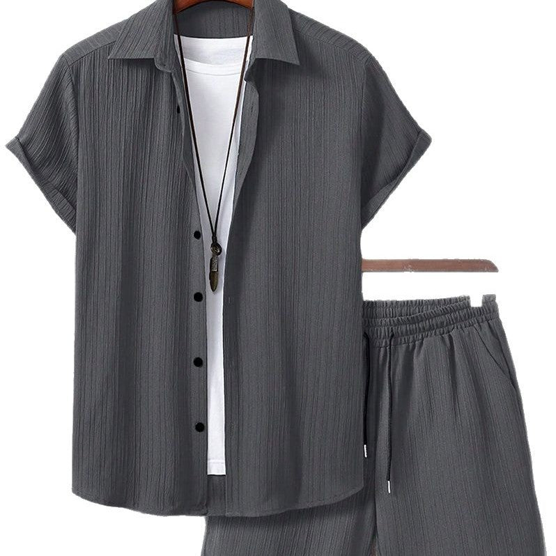 Men's Striped Short-Sleeve Shirt and Drawstring Shorts Set