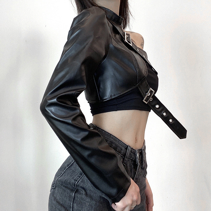 Asymmetrical Metal Buckle Halter Pu Leather Single-Sided Sleeve Leather Jacket