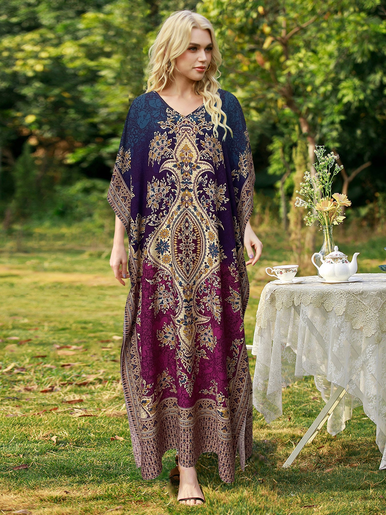 Women's Loose V-Neck Printed Long Dress, Women Clothes