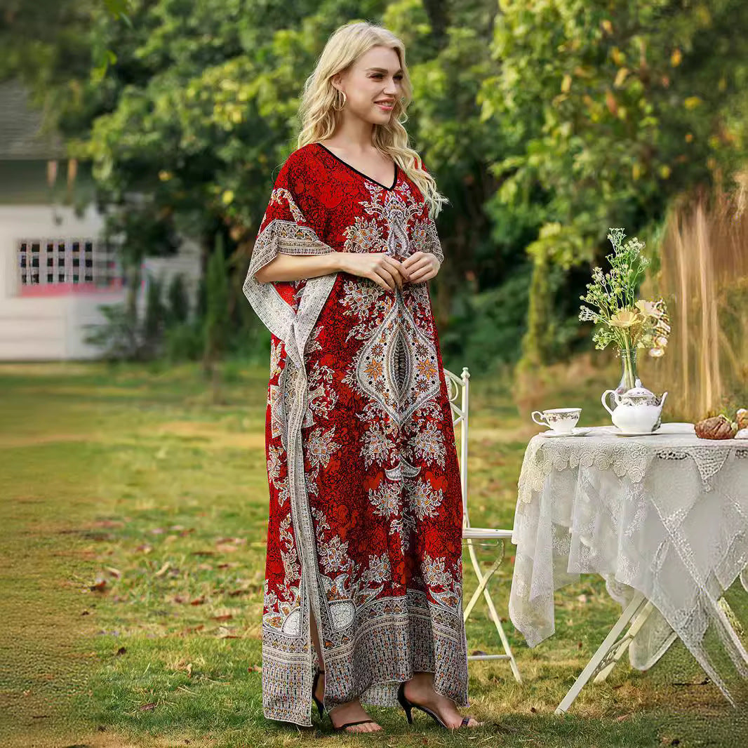 Women's Loose V-Neck Printed Long Dress, Women Clothes