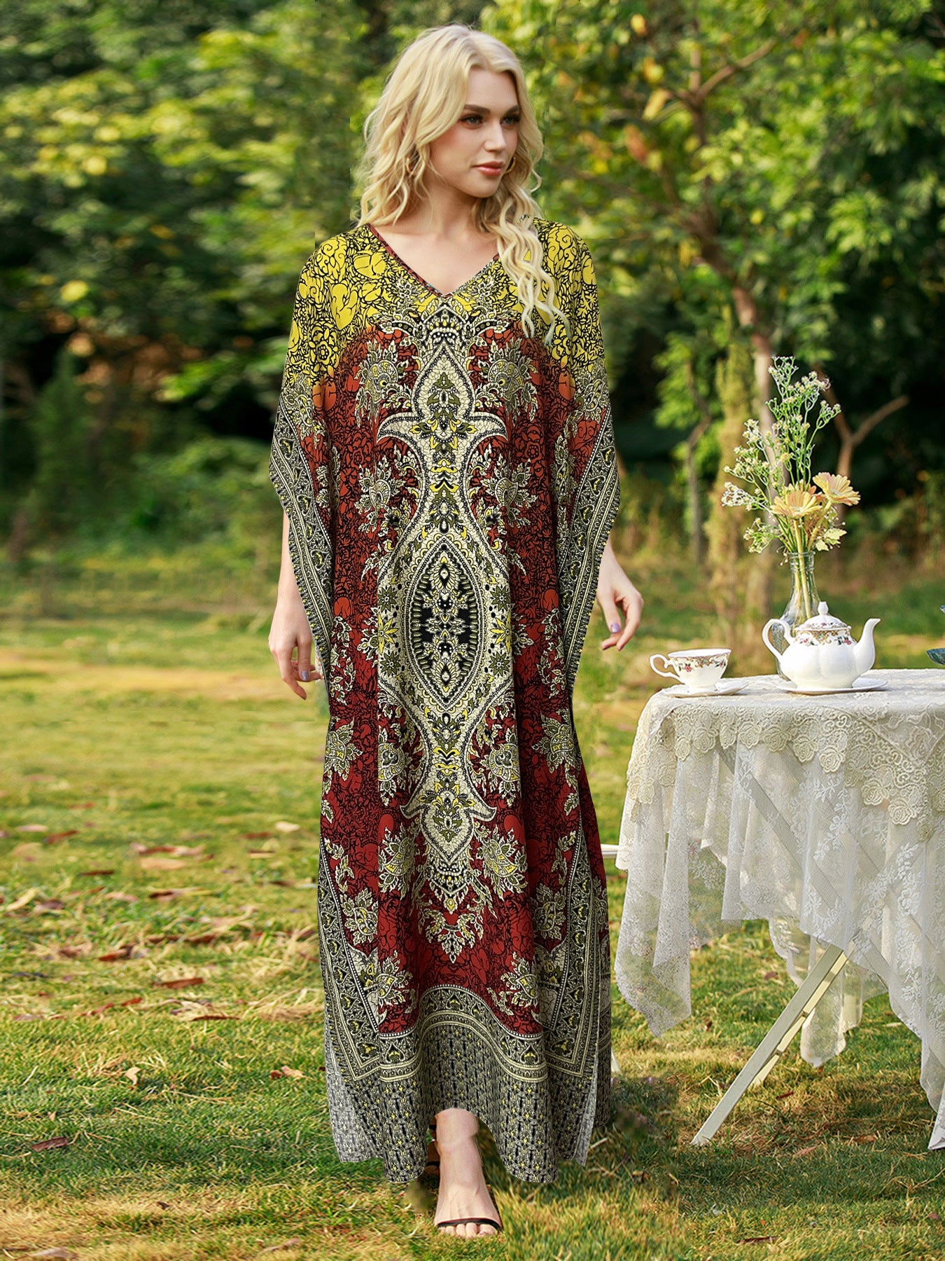 Women's Loose V-Neck Printed Long Dress, Women Clothes