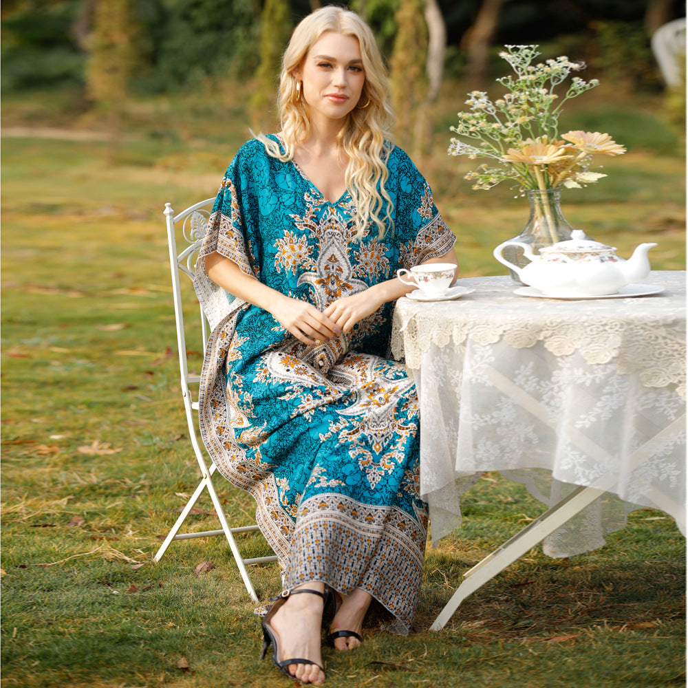 Women's Loose V-Neck Printed Long Dress, Women Clothes
