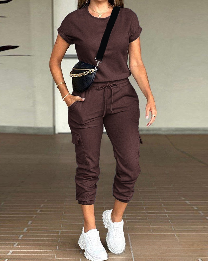 solid color round neck top multi-pocket pants suit, Autumn / Winter Collection