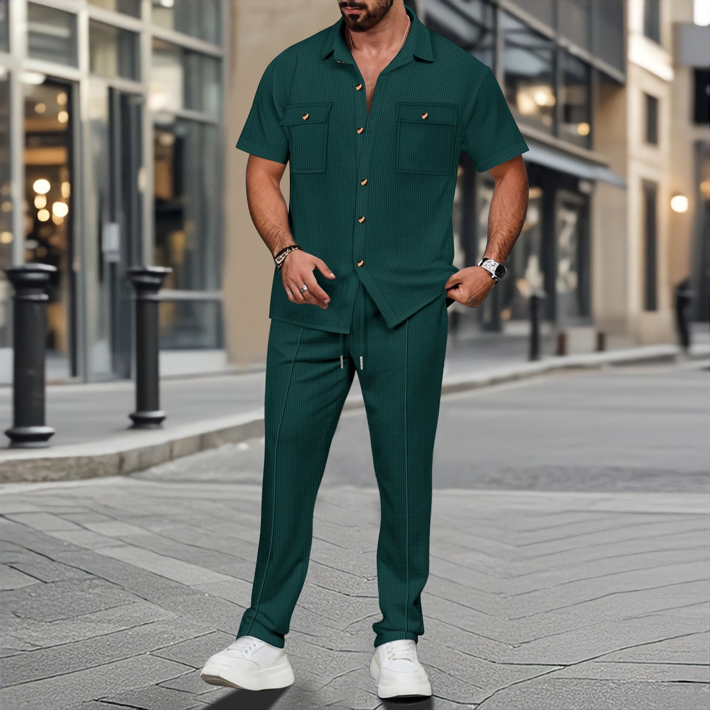 A two-piece short-sleeved shirt and long pants set