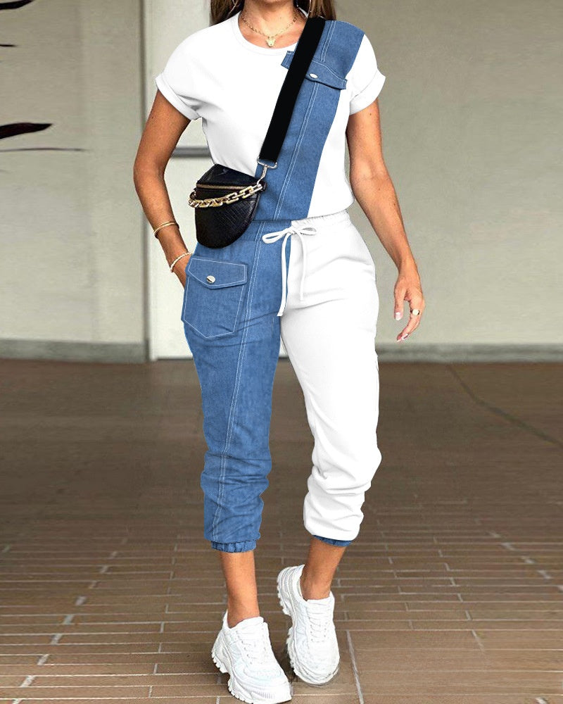 solid color round neck top multi-pocket pants suit, Autumn / Winter Collection
