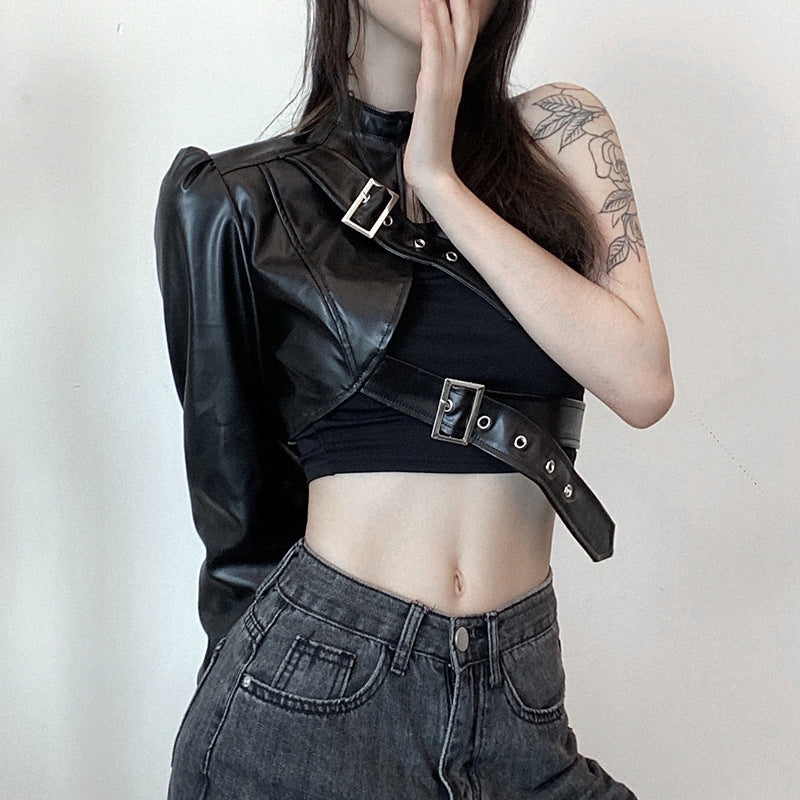 Asymmetrical Metal Buckle Halter Pu Leather Single-Sided Sleeve Leather Jacket