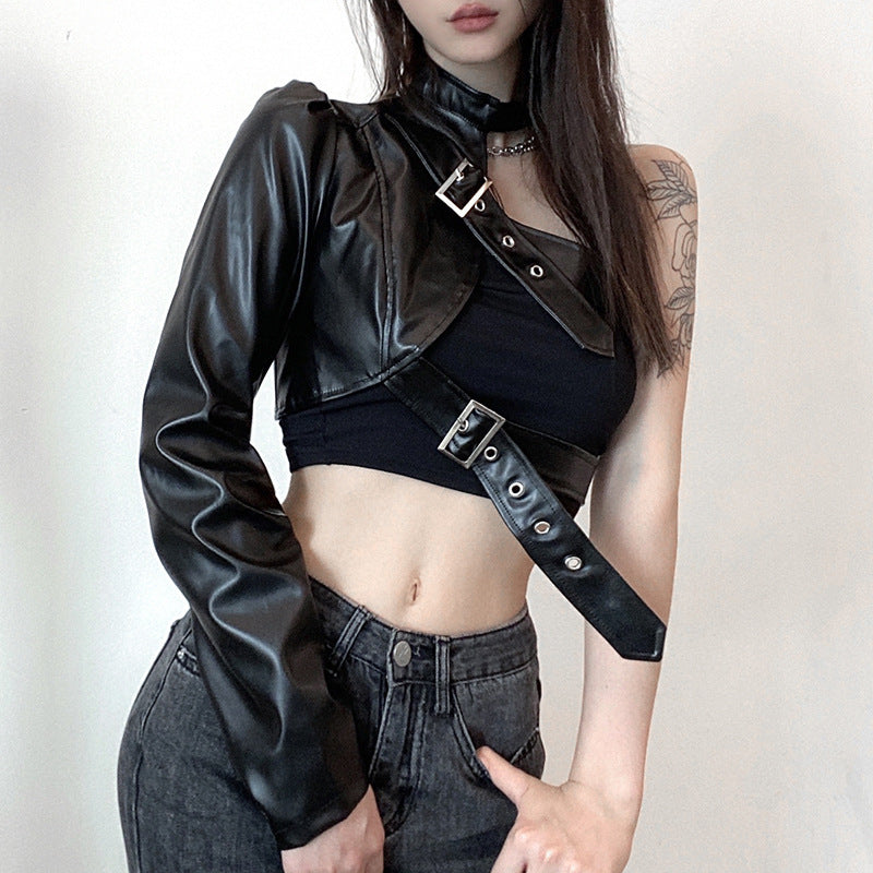 Asymmetrical Metal Buckle Halter Pu Leather Single-Sided Sleeve Leather Jacket