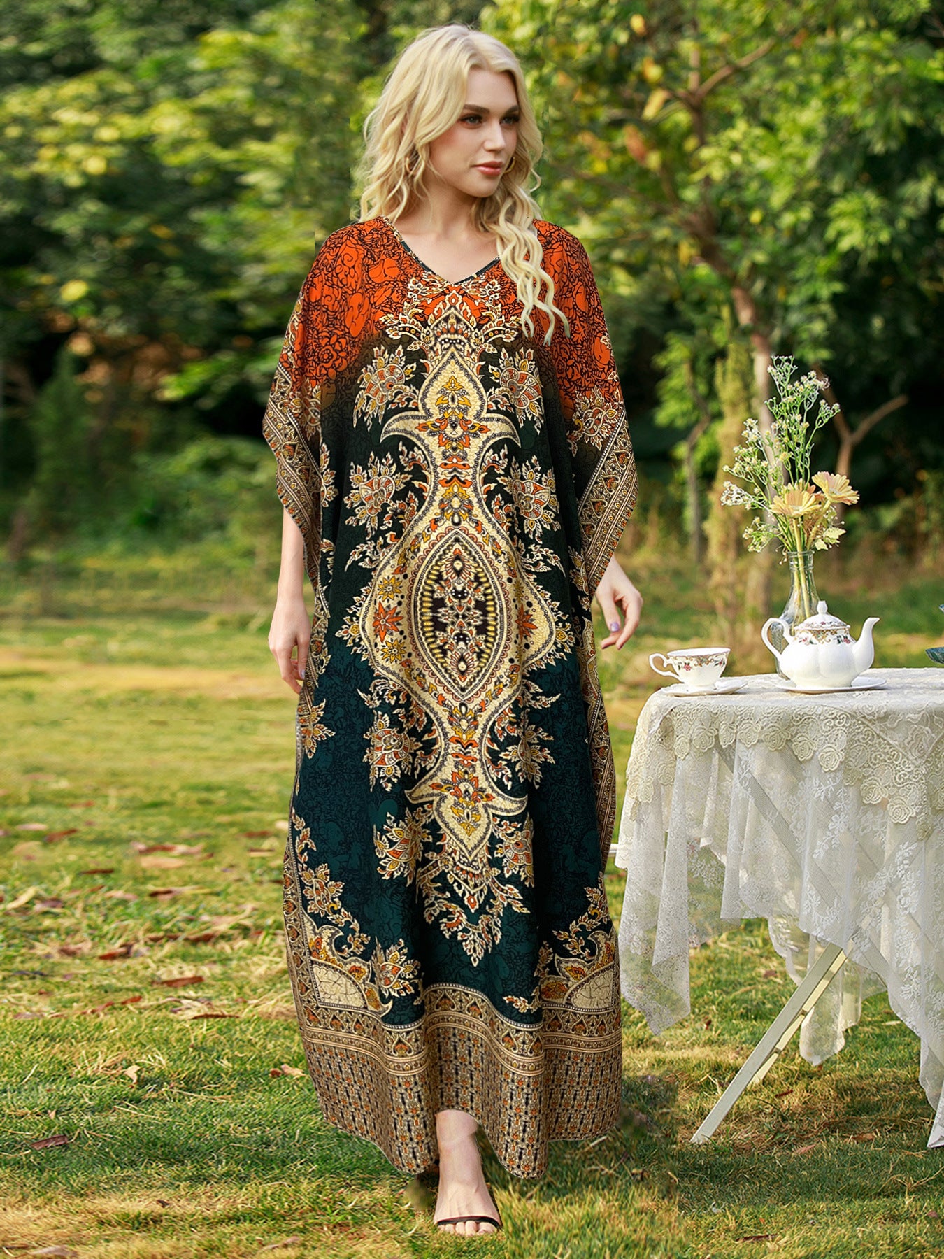 Women's Loose V-Neck Printed Long Dress, Women Clothes