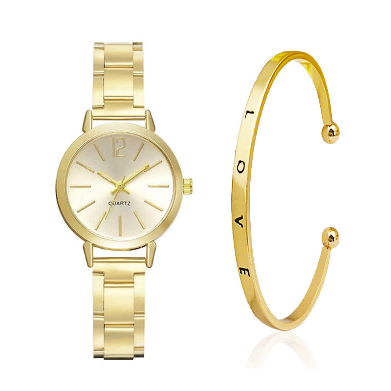 Gold steel band quartz bracelet watch