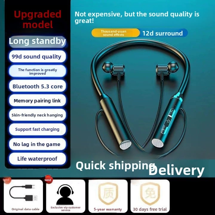 Neckband Bluetooth Headset with Noise Cancellation, Waterproof, Long Battery Life