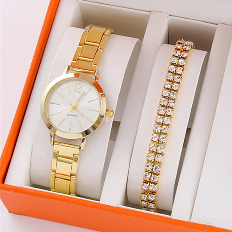 Gold steel band quartz bracelet watch