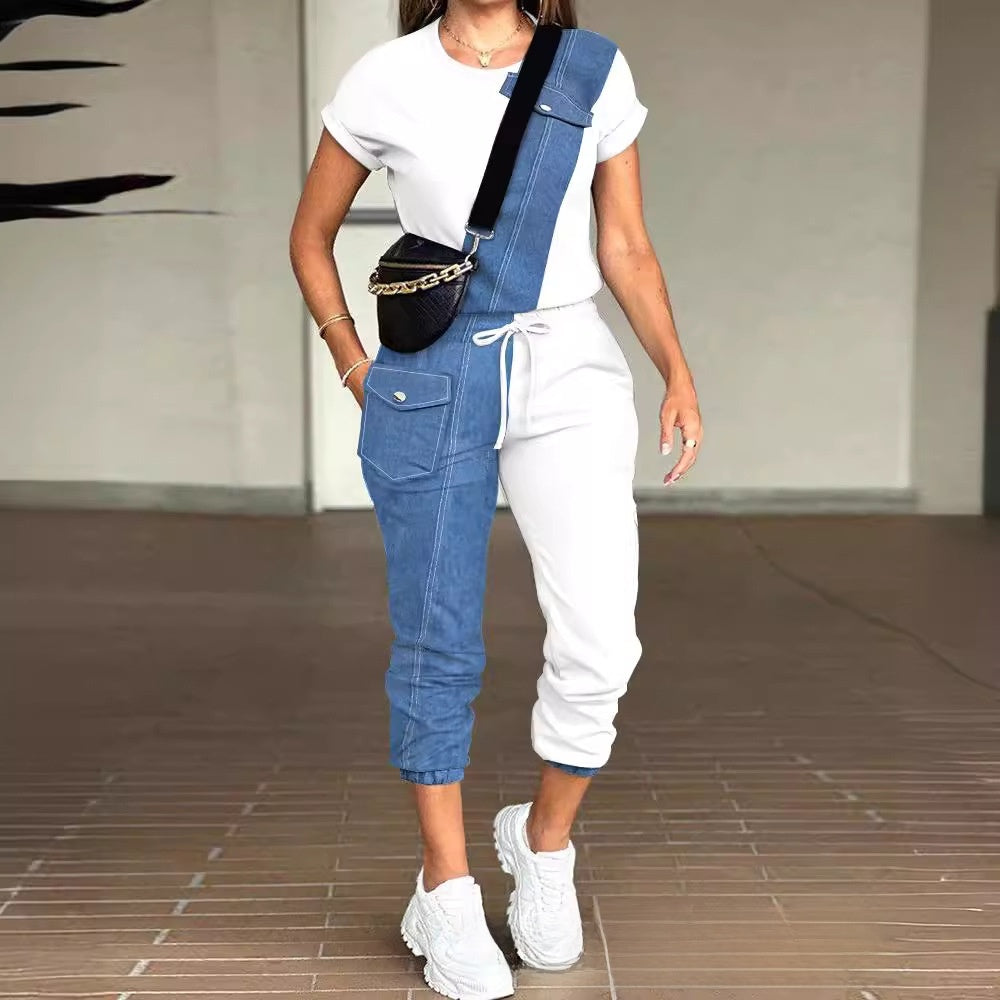 solid color round neck top multi-pocket pants suit, Autumn / Winter Collection