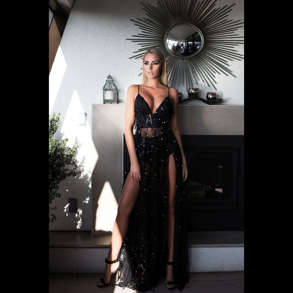 Black strap sequined mopping dress split length dress
