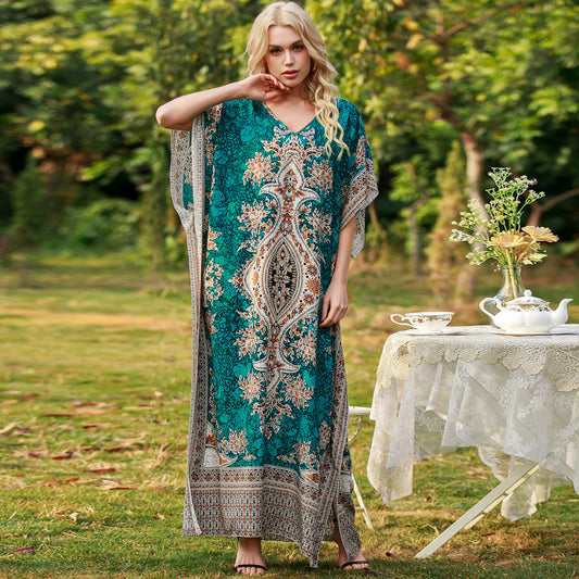 Women's Loose V-Neck Printed Long Dress, Women Clothes