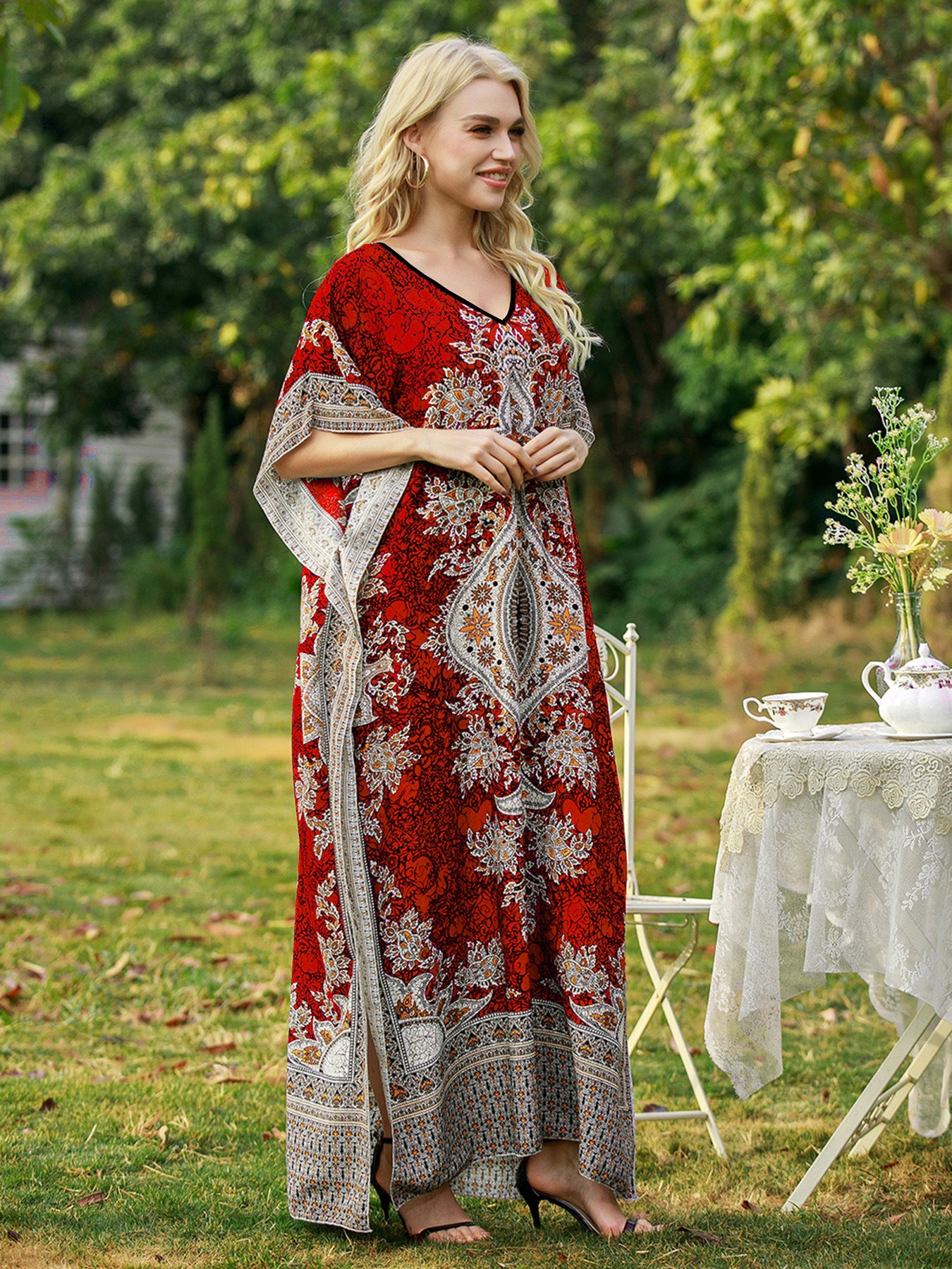 Women's Loose V-Neck Printed Long Dress, Women Clothes