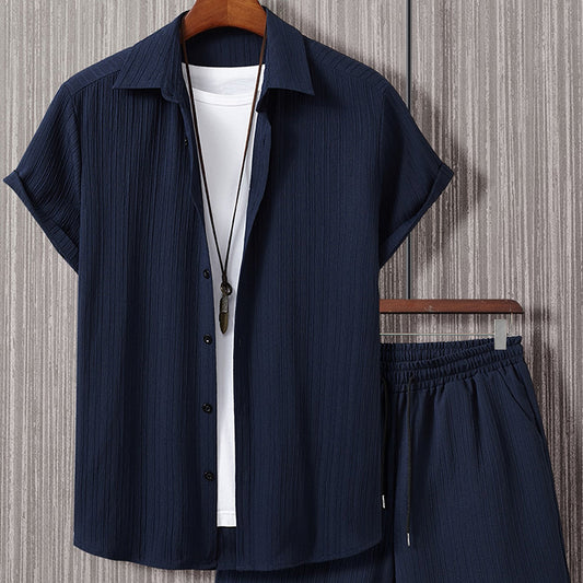 Men's Striped Short-Sleeve Shirt and Drawstring Shorts Set