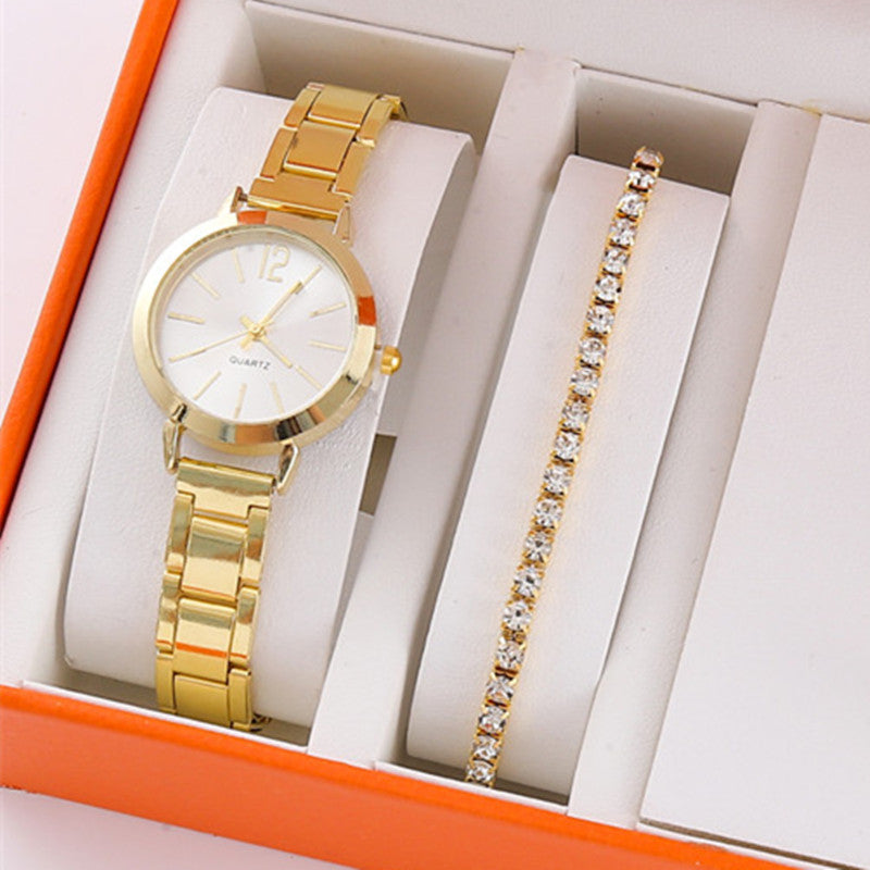 Gold steel band quartz bracelet watch