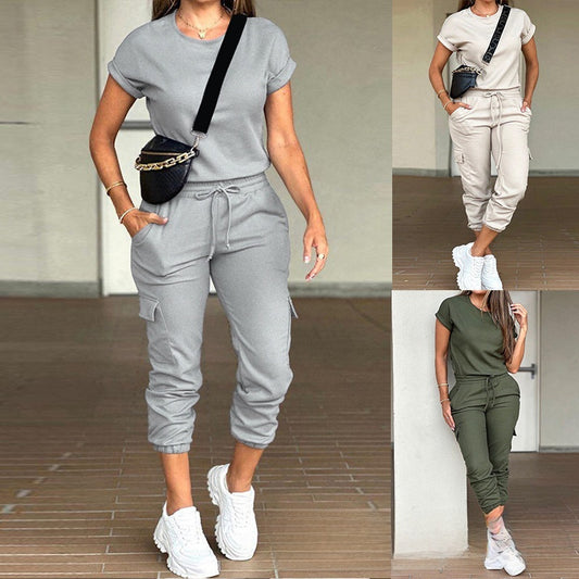 solid color round neck top multi-pocket pants suit, Autumn / Winter Collection