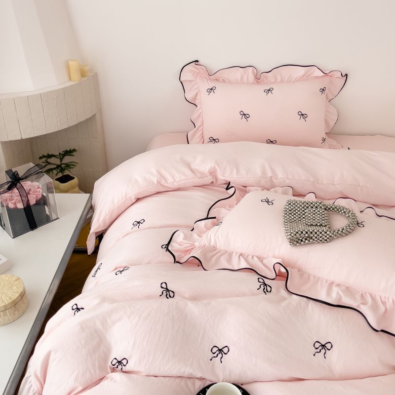 Simple Washed Cotton Embroidered Quilt Cover Bedding Set