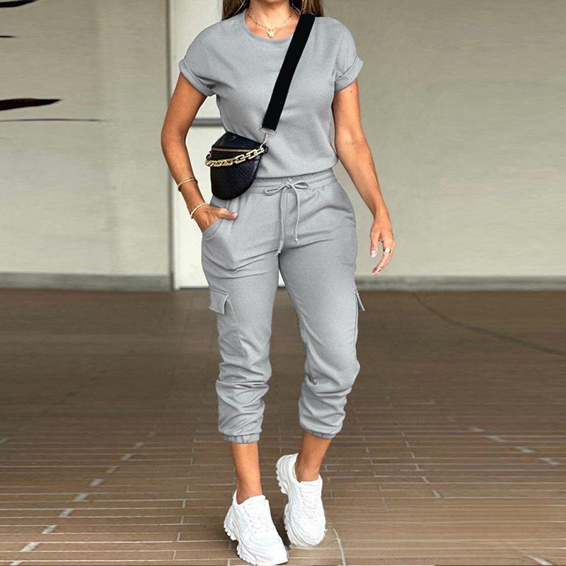 solid color round neck top multi-pocket pants suit, Autumn / Winter Collection