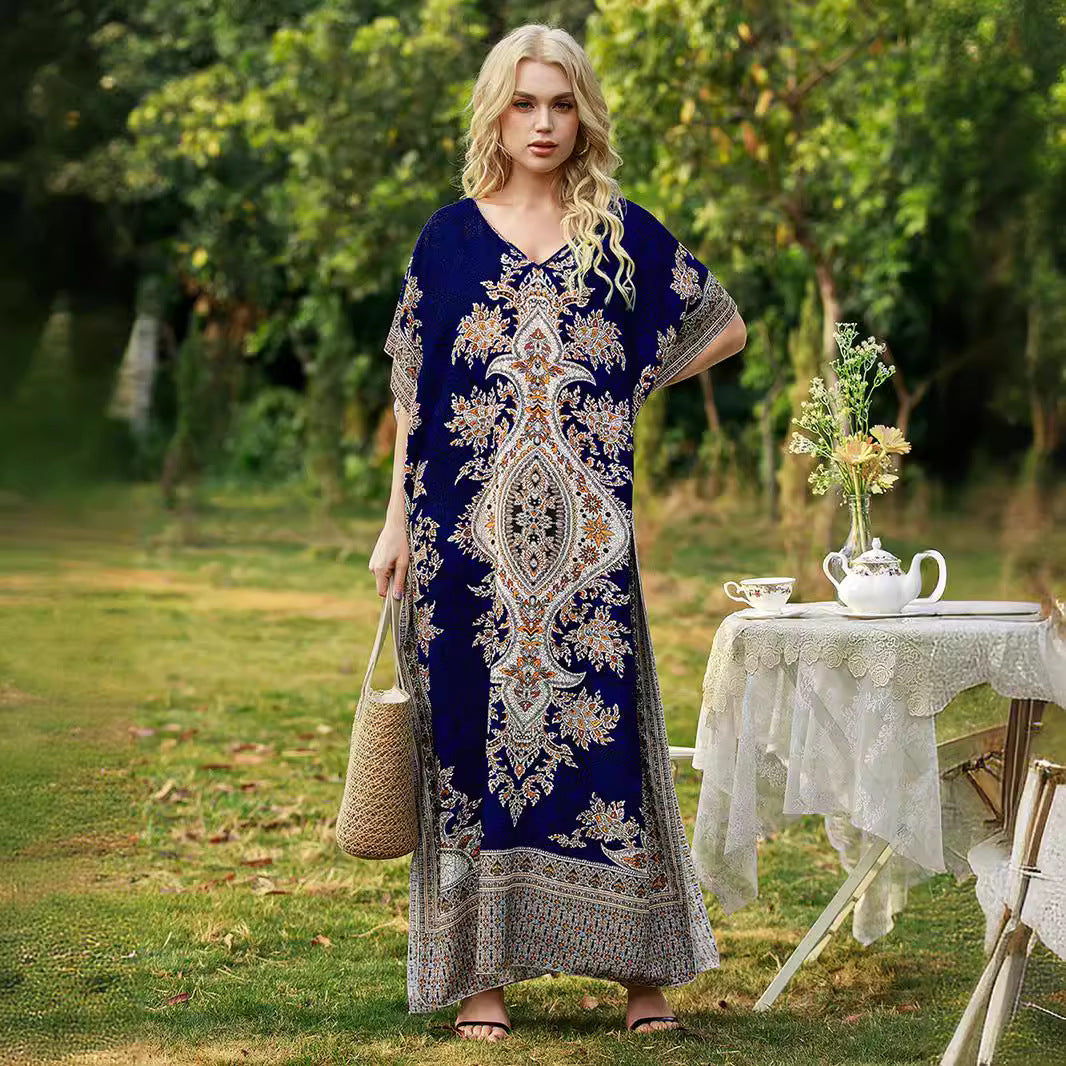 Women's Loose V-Neck Printed Long Dress, Women Clothes
