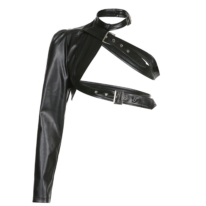 Asymmetrical Metal Buckle Halter Pu Leather Single-Sided Sleeve Leather Jacket