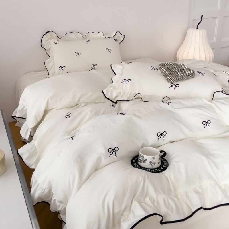 Simple Washed Cotton Embroidered Quilt Cover Bedding Set
