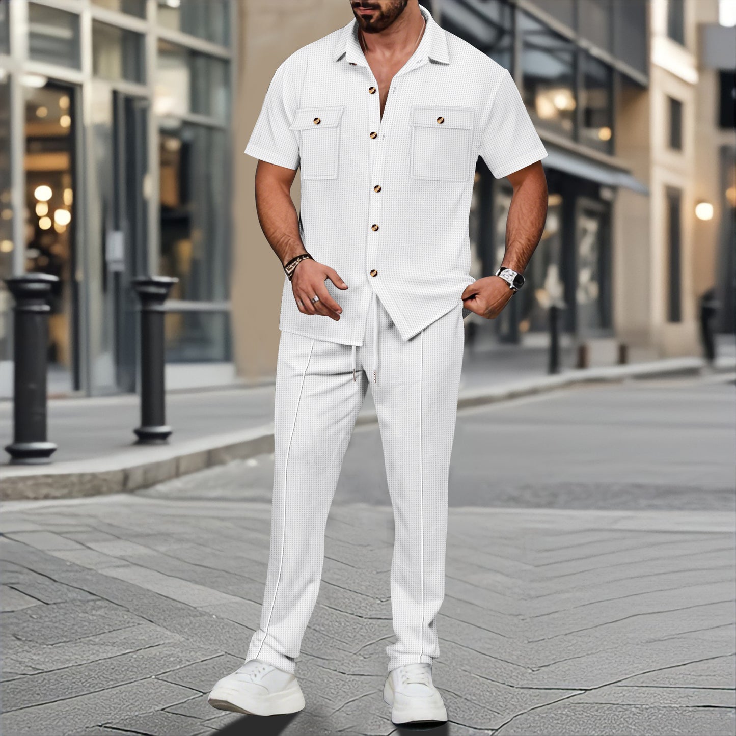 A two-piece short-sleeved shirt and long pants set