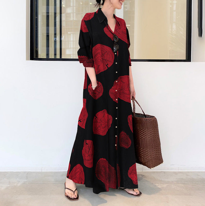 Cotton Linen Long Sleeve Printed Dress