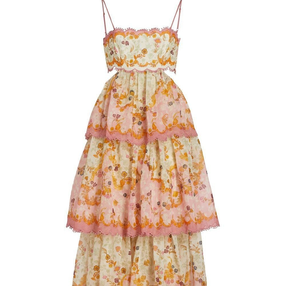 Tassel Waist Exposed Embroidered Cake Suspender Dress