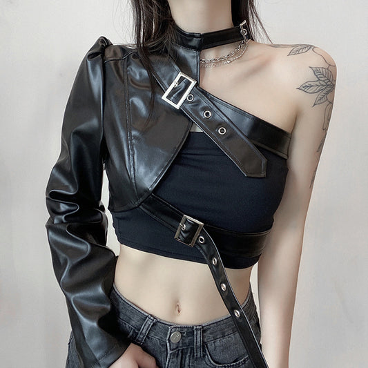 Asymmetrical Metal Buckle Halter Pu Leather Single-Sided Sleeve Leather Jacket