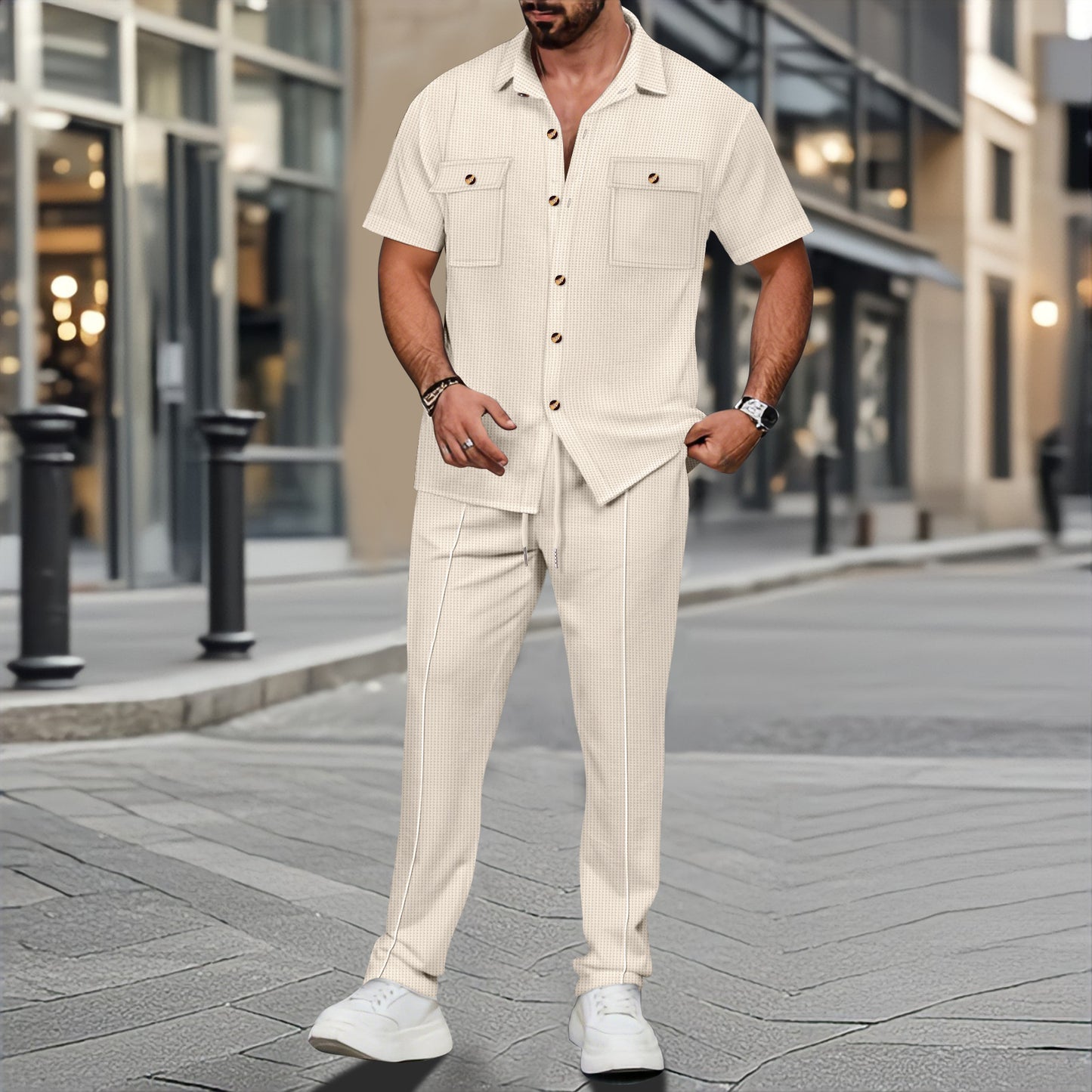 A two-piece short-sleeved shirt and long pants set