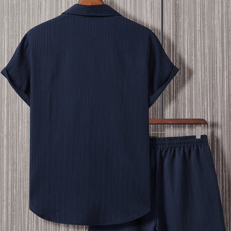Men's Striped Short-Sleeve Shirt and Drawstring Shorts Set
