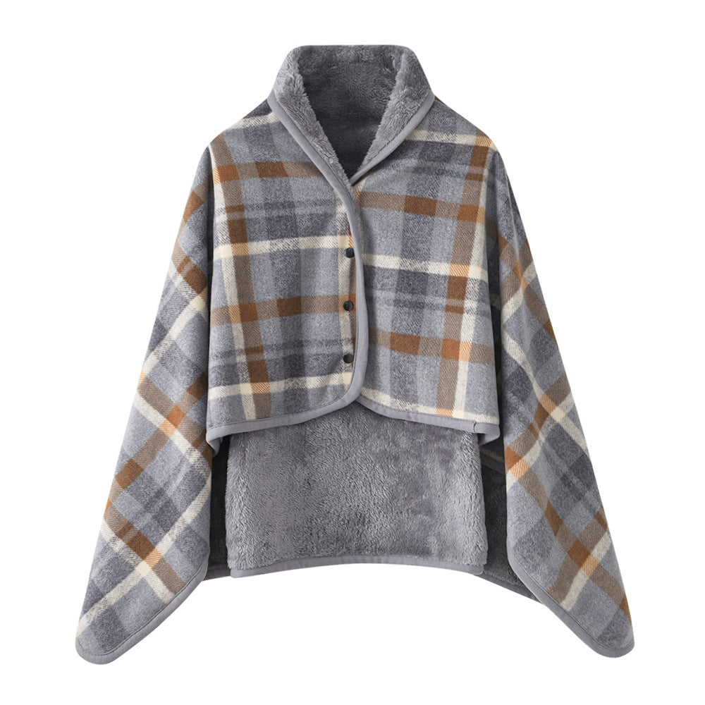 A buttoned shawl blanket for lunch break