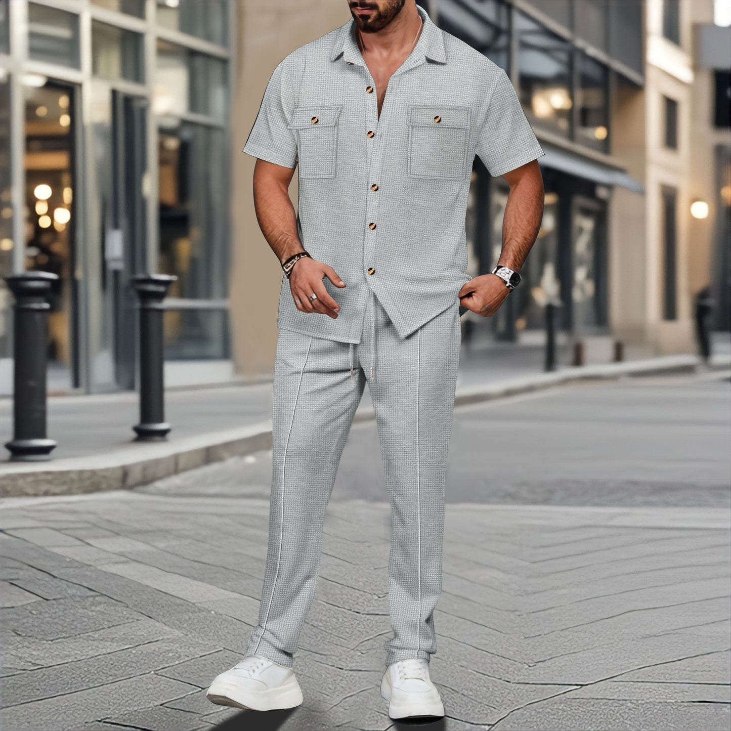 A two-piece short-sleeved shirt and long pants set