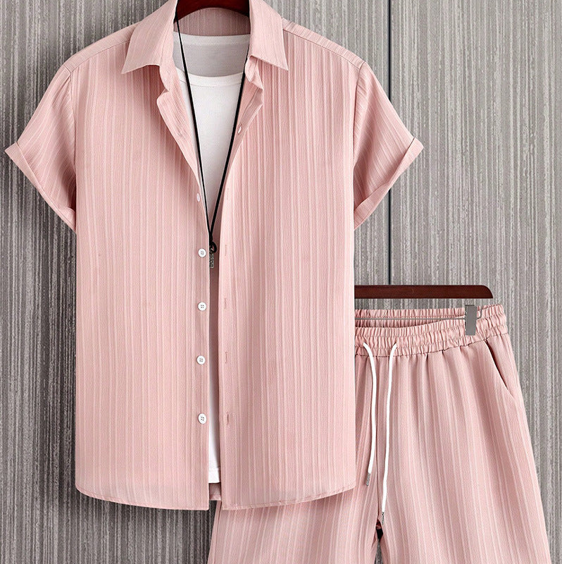 Men's Striped Short-Sleeve Shirt and Drawstring Shorts Set