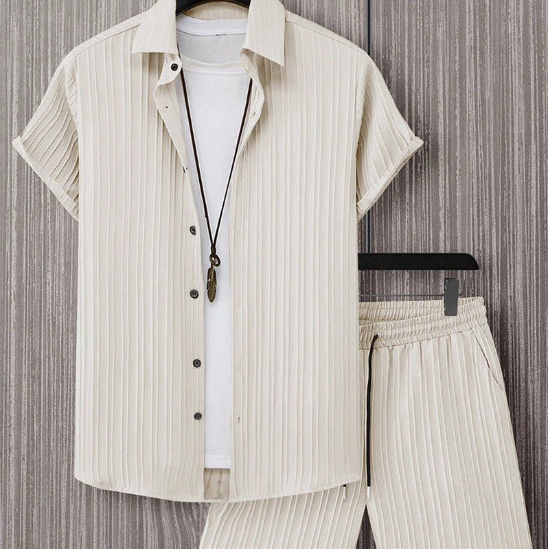Men's Striped Short-Sleeve Shirt and Drawstring Shorts Set