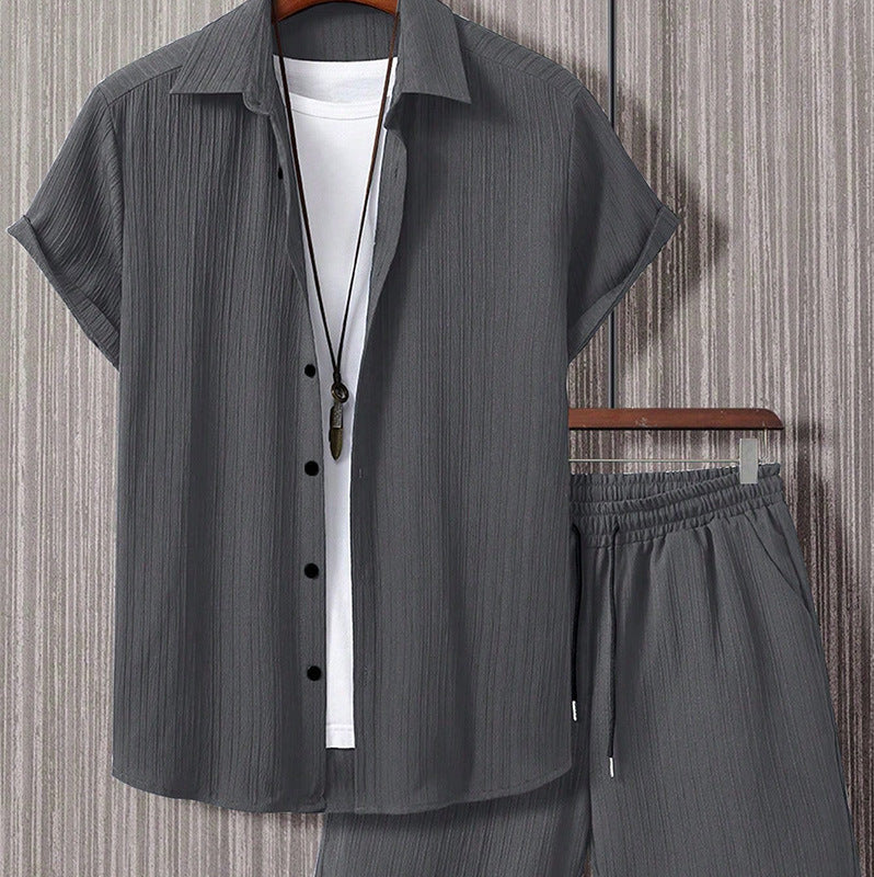 Men's Striped Short-Sleeve Shirt and Drawstring Shorts Set