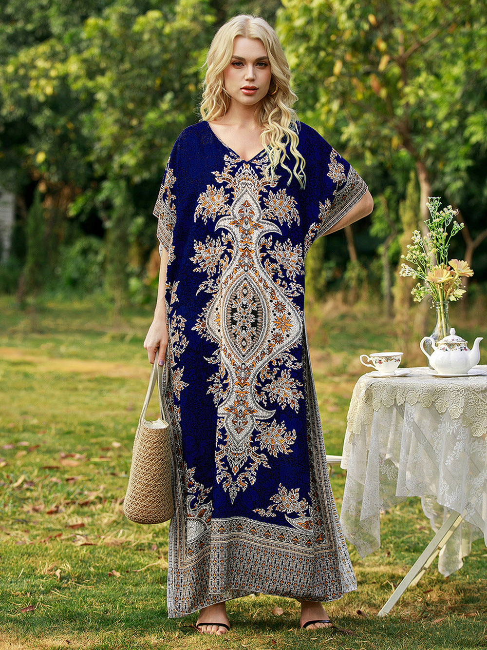 Women's Loose V-Neck Printed Long Dress, Women Clothes