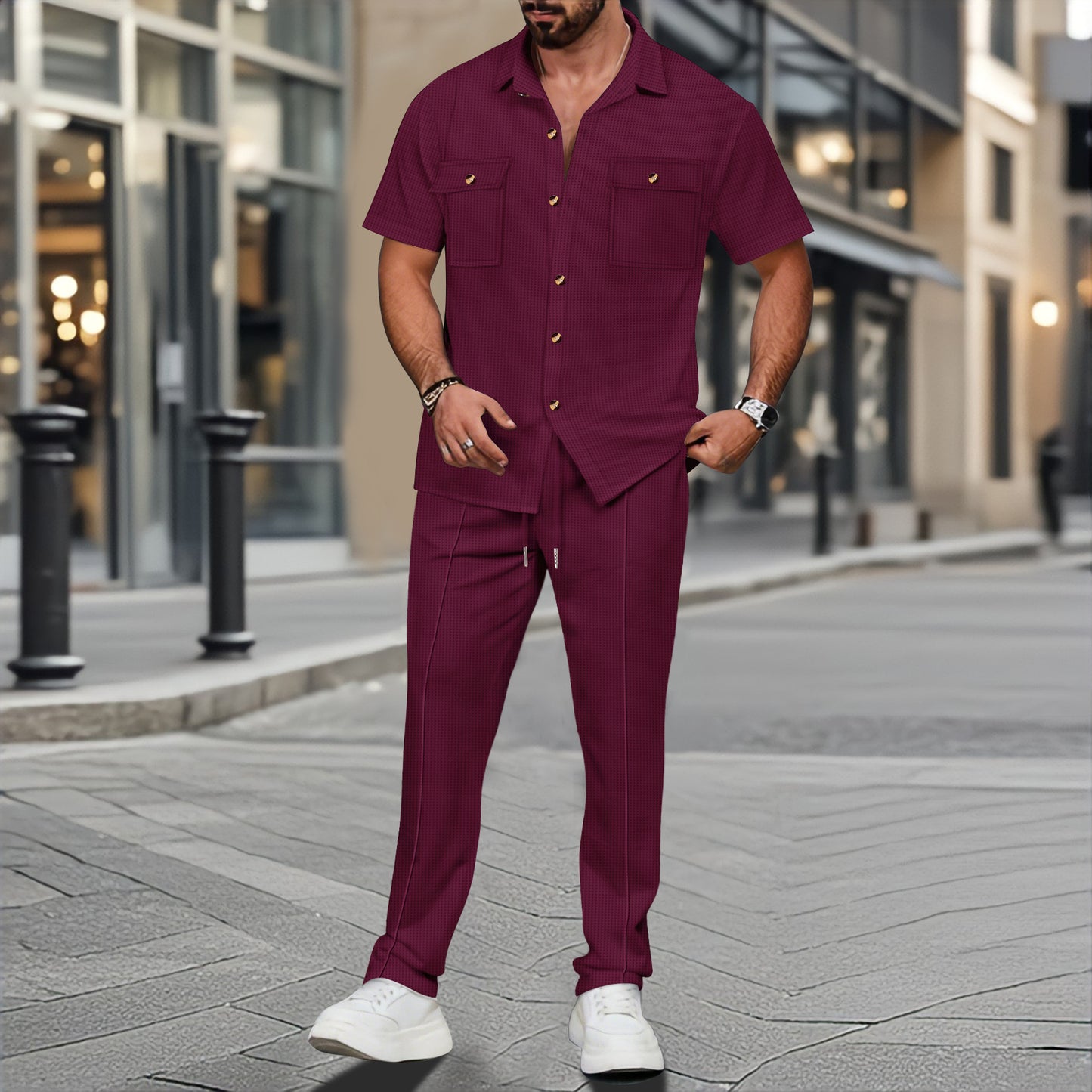 A two-piece short-sleeved shirt and long pants set