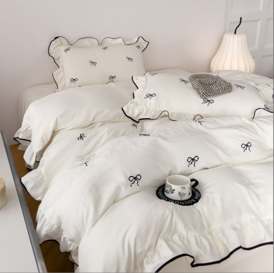 Simple Washed Cotton Embroidered Quilt Cover Bedding Set
