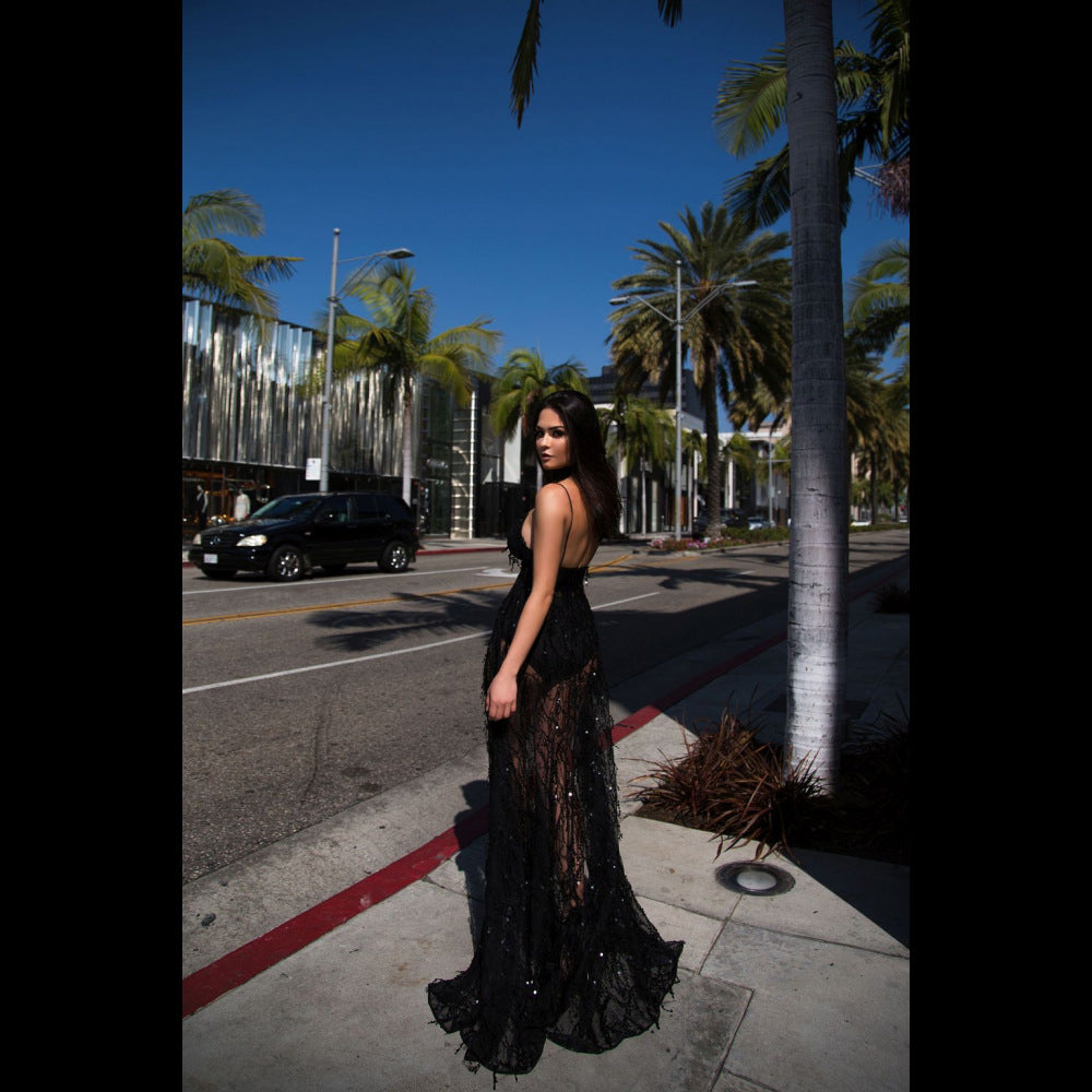 Black strap sequined mopping dress split length dress