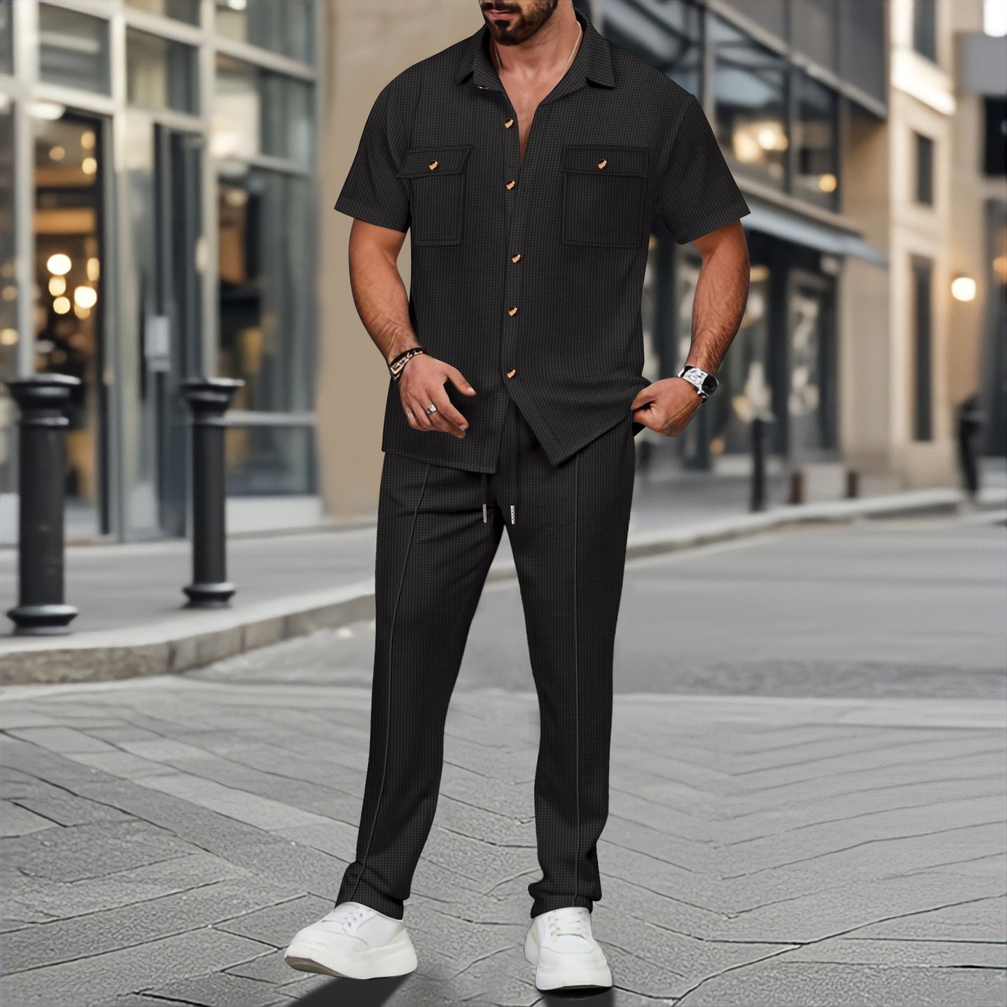 A two-piece short-sleeved shirt and long pants set