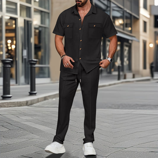 A two-piece short-sleeved shirt and long pants set