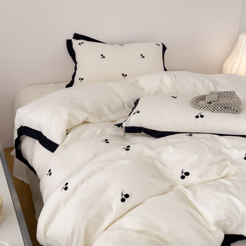 Simple Washed Cotton Embroidered Quilt Cover Bedding Set