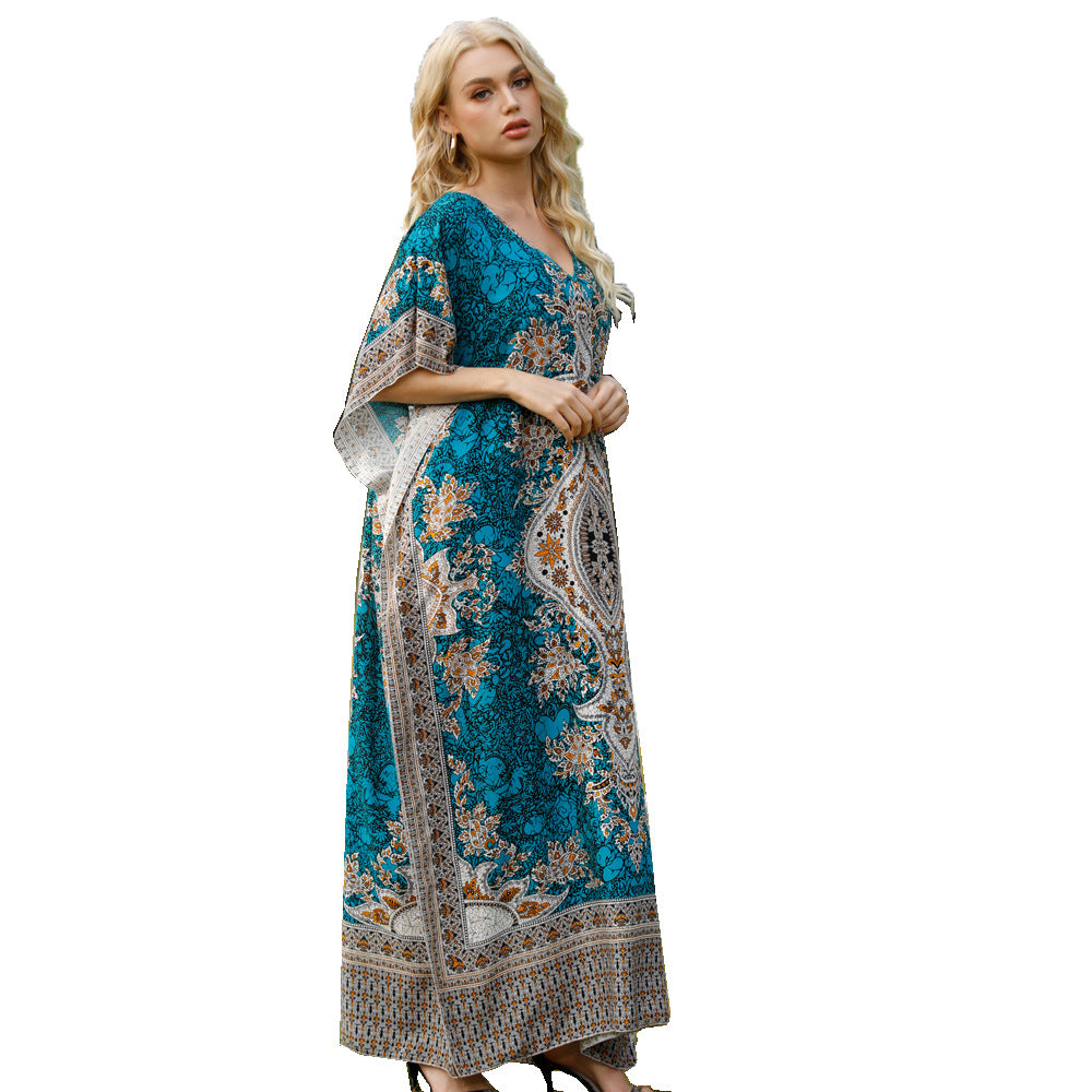 Women's Loose V-Neck Printed Long Dress, Women Clothes
