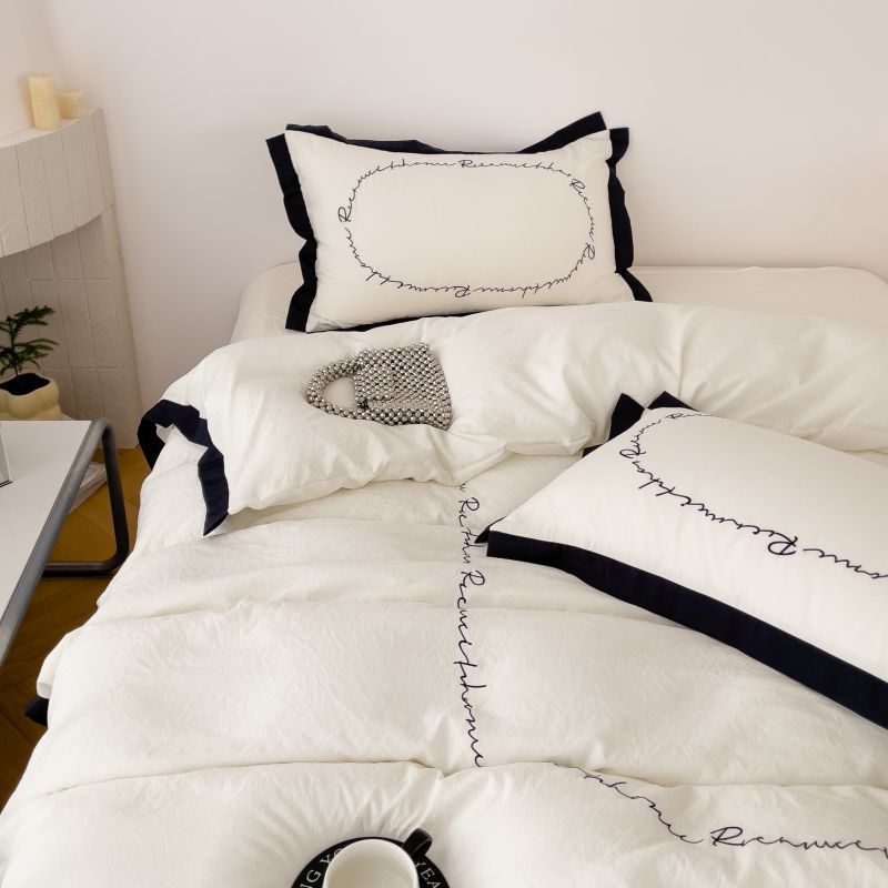 Simple Washed Cotton Embroidered Quilt Cover Bedding Set