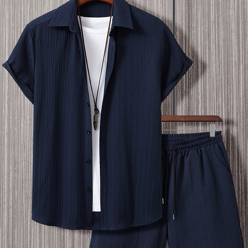 Men's Striped Short-Sleeve Shirt and Drawstring Shorts Set