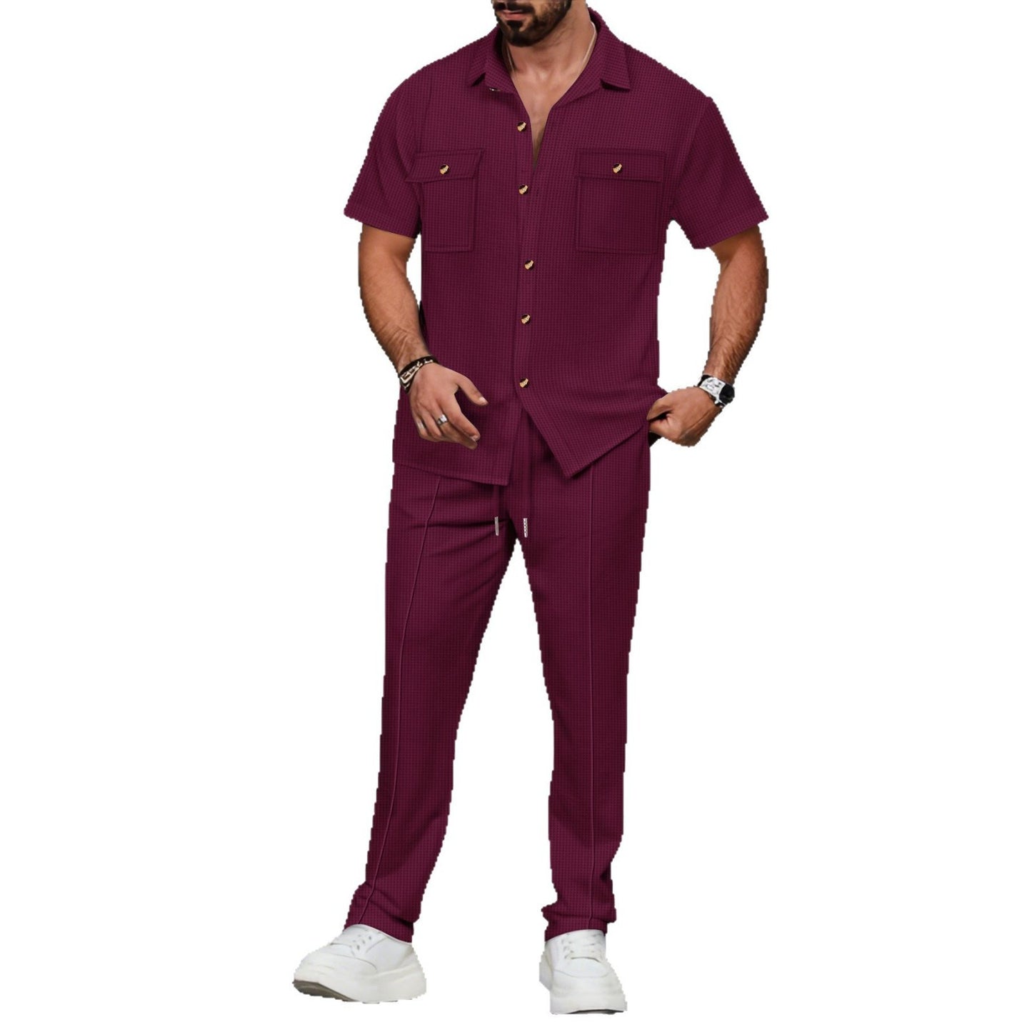 A two-piece short-sleeved shirt and long pants set