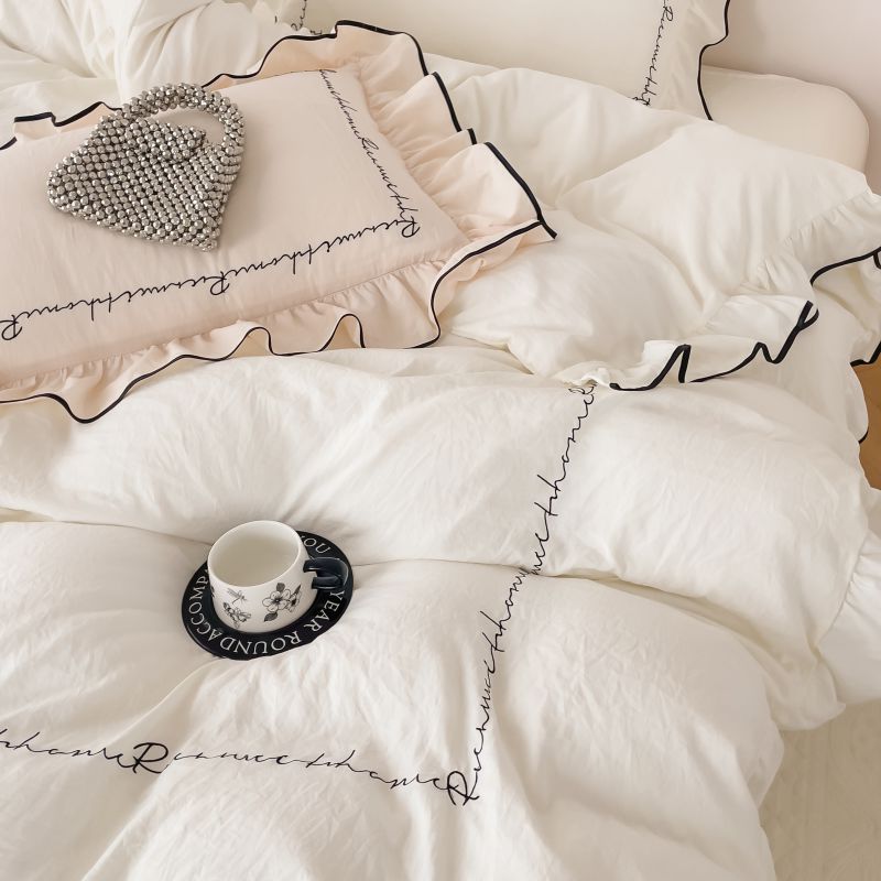 Simple Washed Cotton Embroidered Quilt Cover Bedding Set